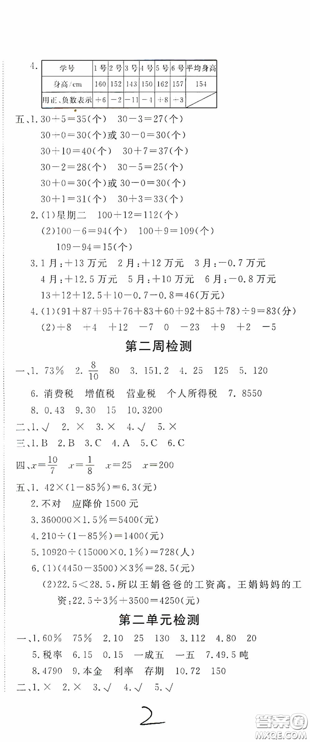 2020年全能練考卷六年級數(shù)學(xué)下冊人教版答案