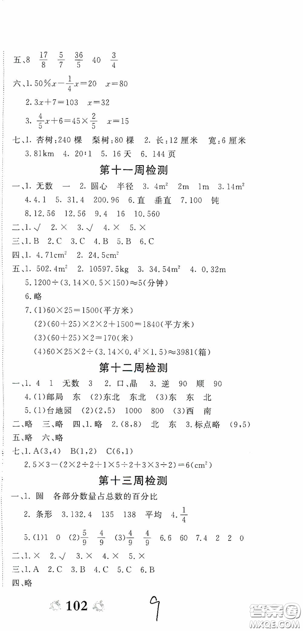 2020年全能練考卷六年級數(shù)學(xué)下冊人教版答案