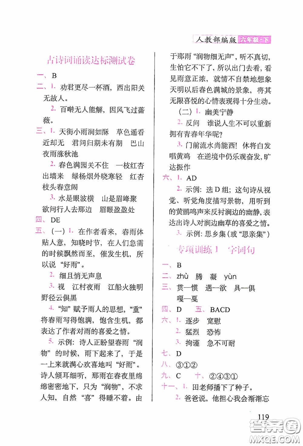 2020隨堂檢測(cè)天天練六年級(jí)語(yǔ)文下冊(cè)人教版答案