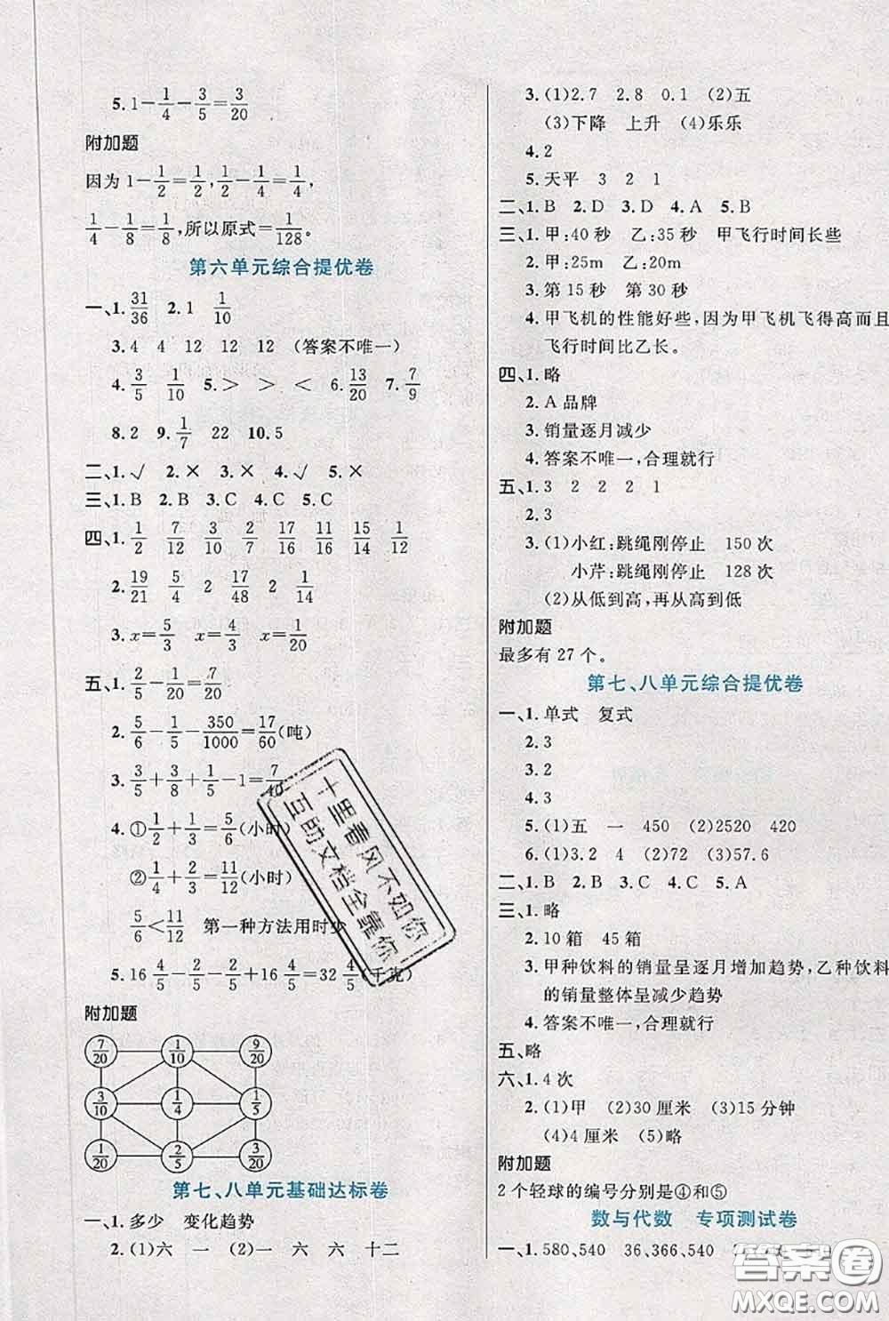 2020新版黃岡全優(yōu)卷五年級數(shù)學(xué)下冊人教版答案