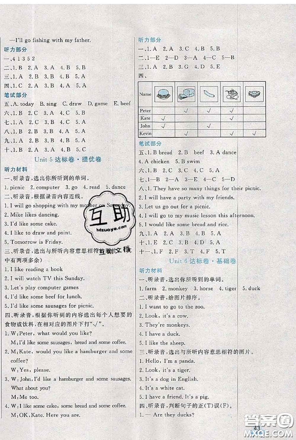 2020新版黃岡全優(yōu)卷四年級英語下冊人教精通版答案