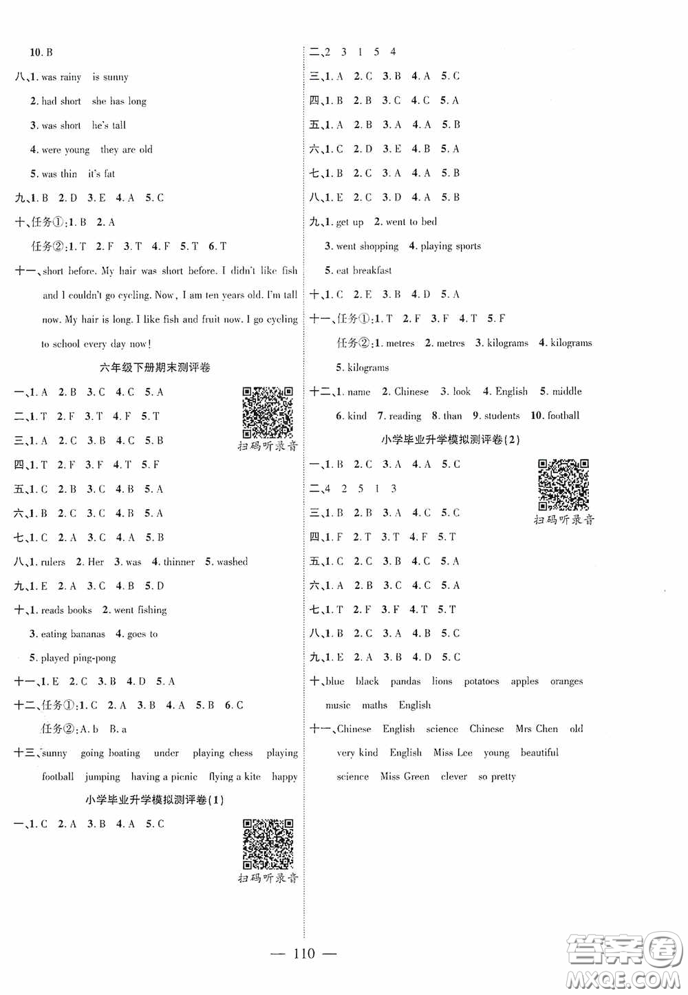 長(zhǎng)江少年兒童出版社2020課時(shí)掌控六年級(jí)英語(yǔ)下冊(cè)人教PEP版答案