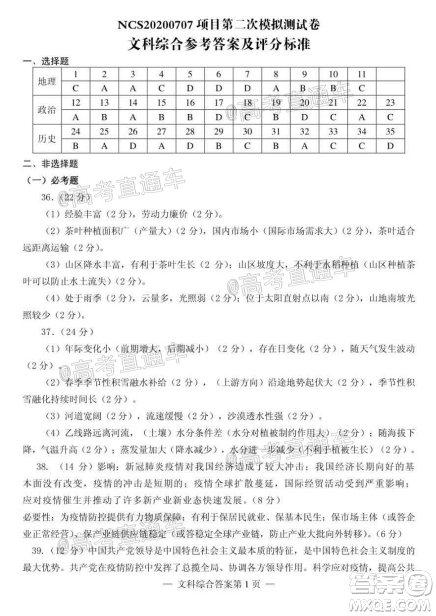2020年南昌二模文科綜合試題及答案