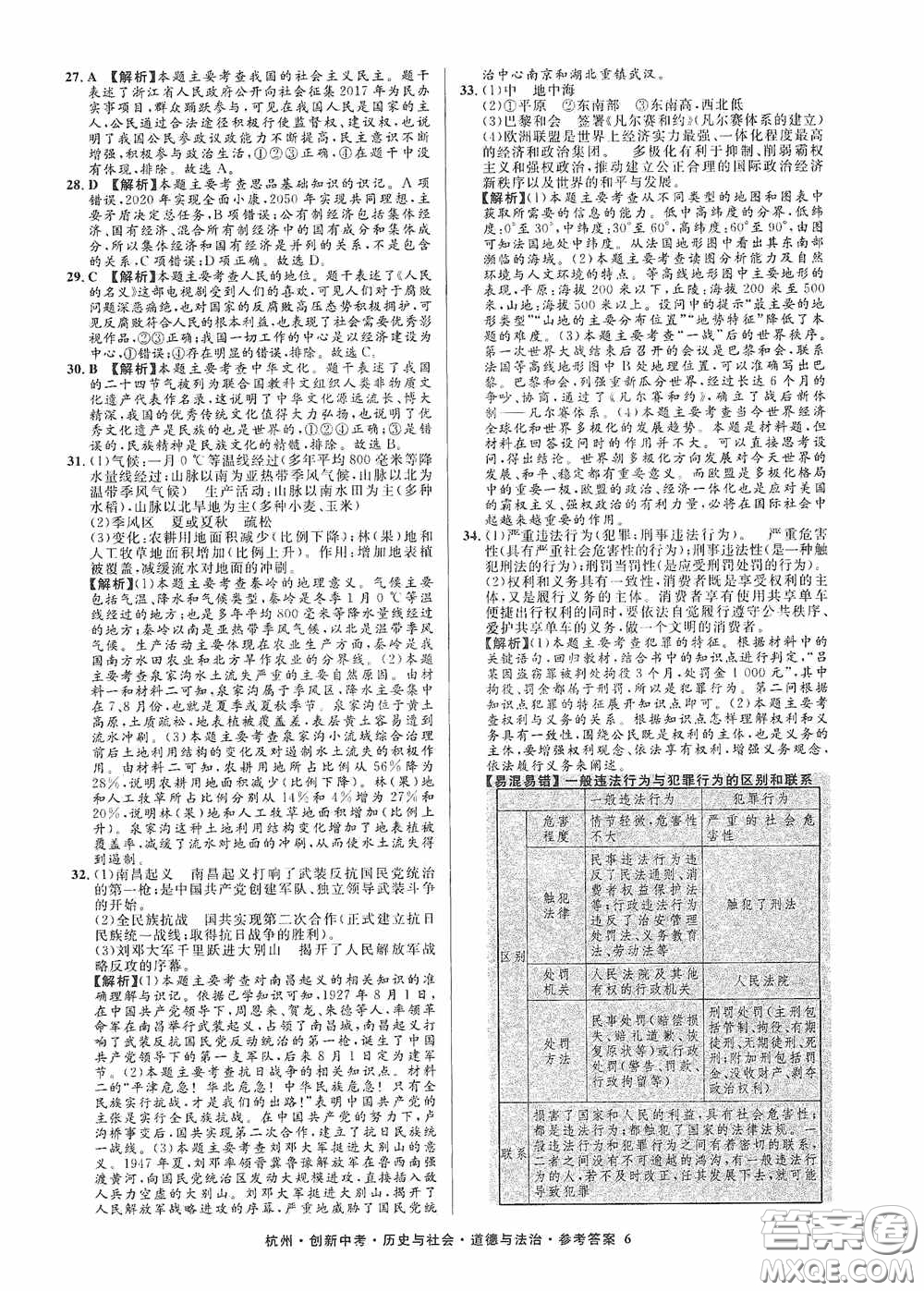 浙江工商大學(xué)出版社2020創(chuàng)新中考杭州市中考試題精編歷史與社會(huì)道德與法治答案