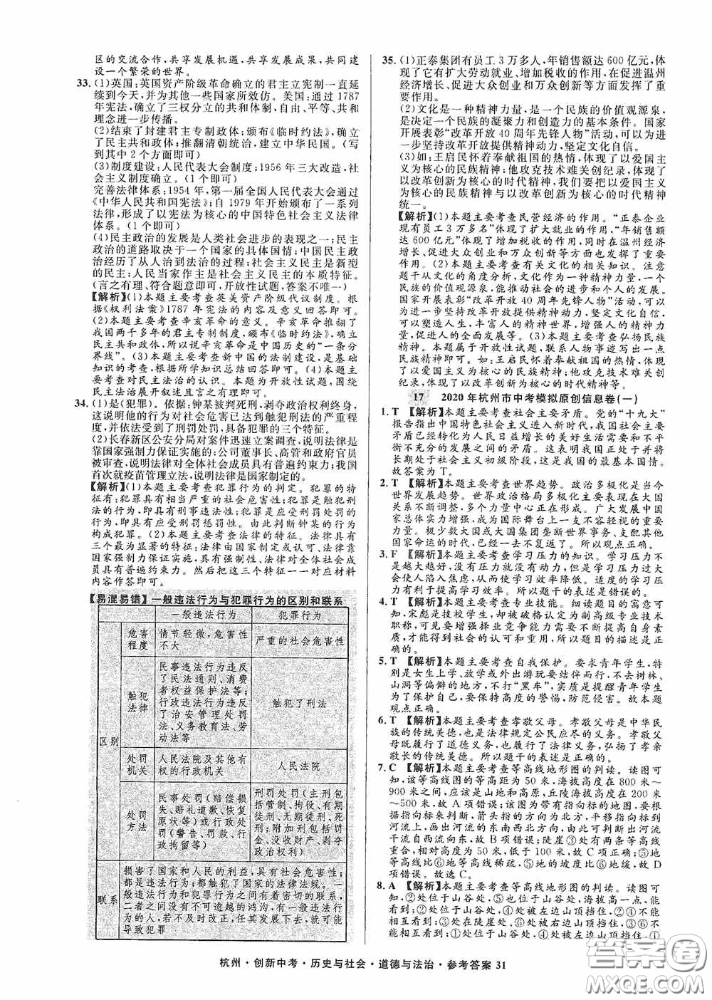 浙江工商大學(xué)出版社2020創(chuàng)新中考杭州市中考試題精編歷史與社會(huì)道德與法治答案