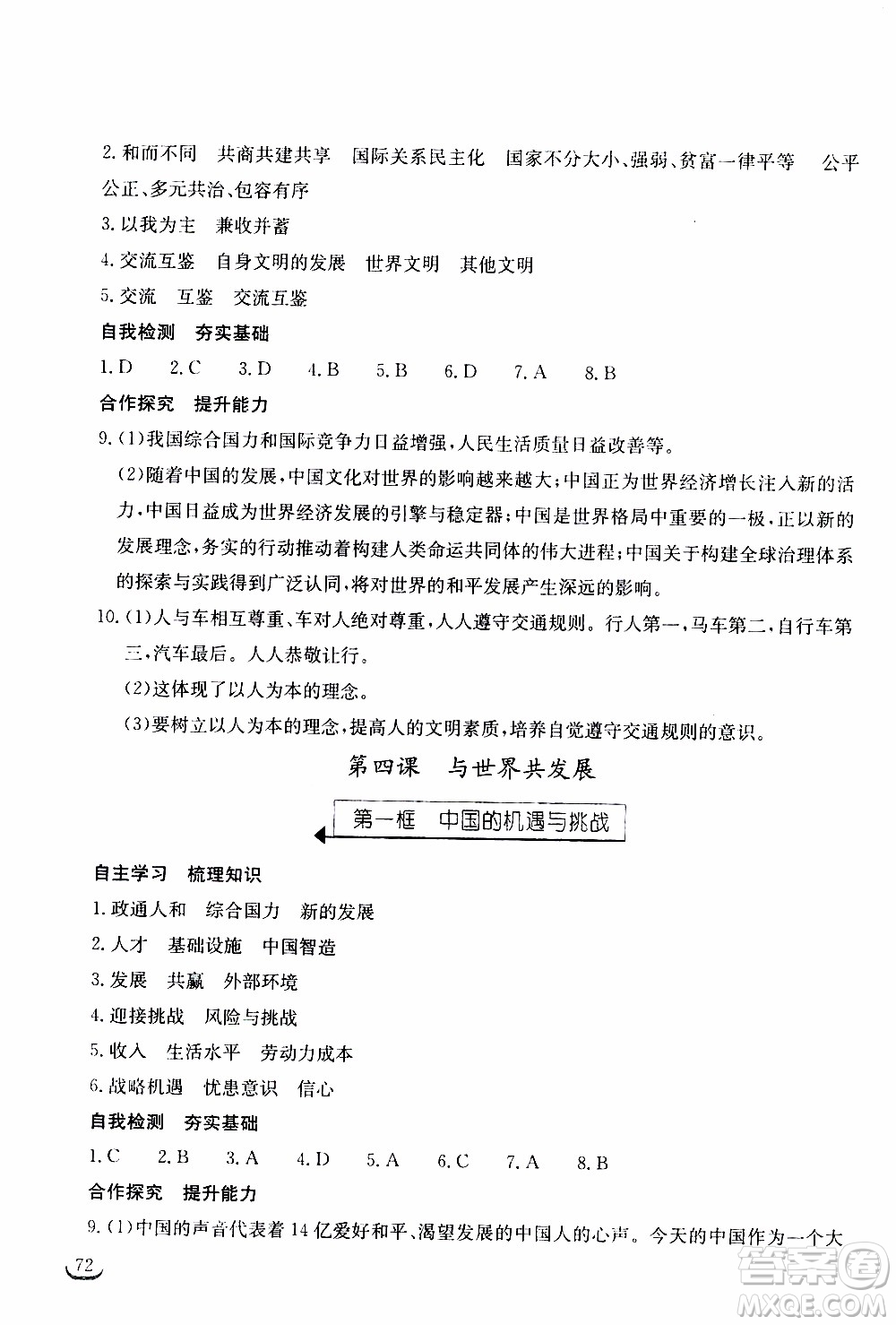 2020年長江作業(yè)本同步練習(xí)道德與法治九年級下冊人教版參考答案