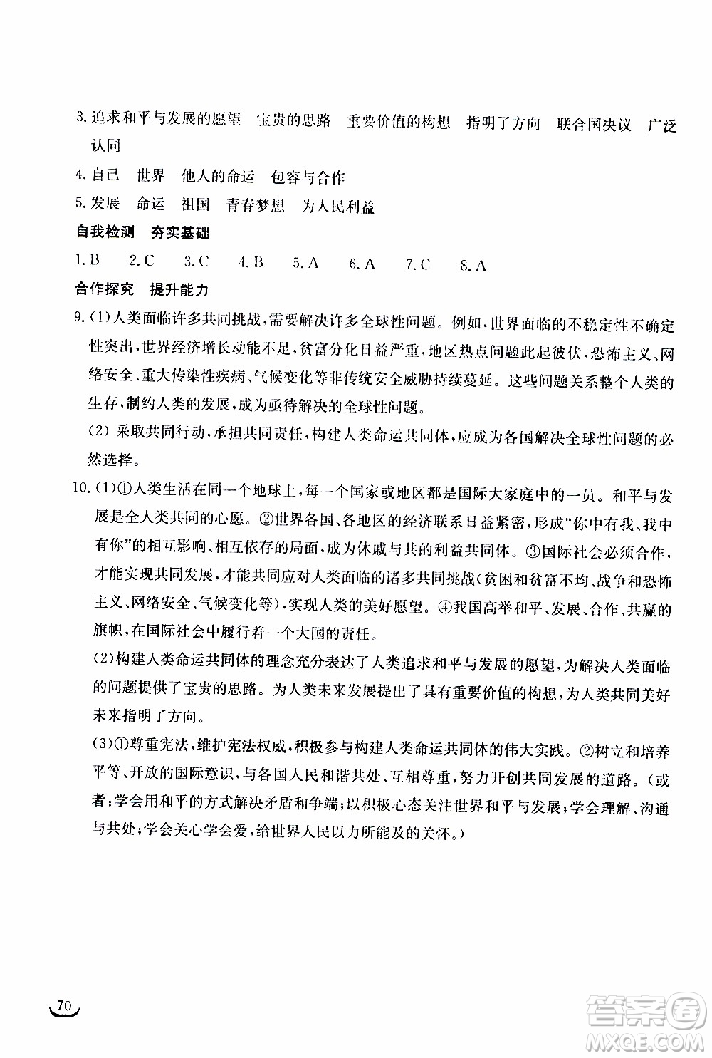 2020年長江作業(yè)本同步練習(xí)道德與法治九年級下冊人教版參考答案