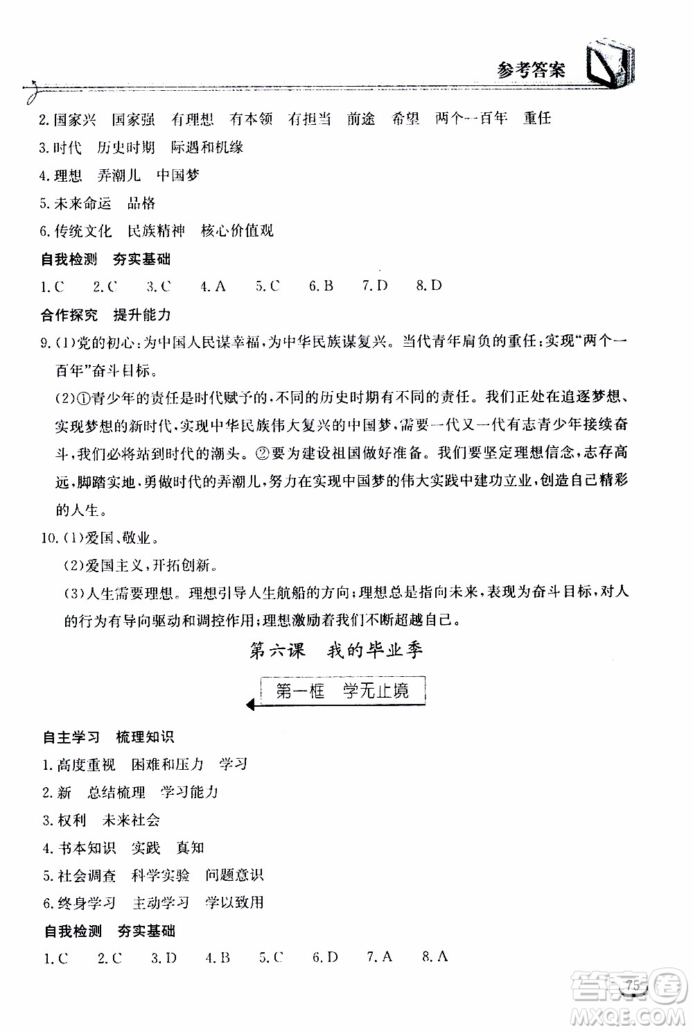 2020年長江作業(yè)本同步練習(xí)道德與法治九年級下冊人教版參考答案