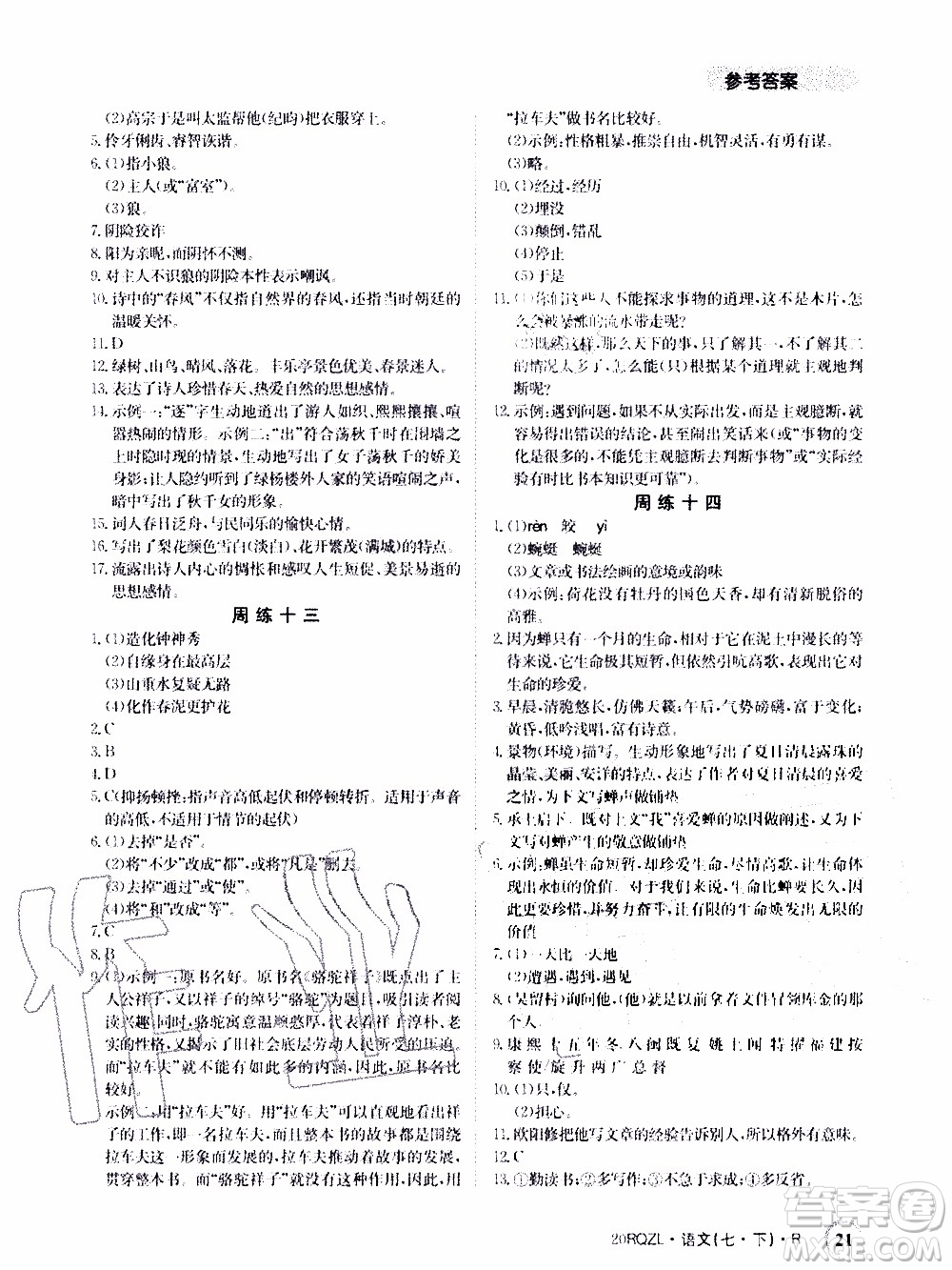 2020年日清周練限時(shí)提升卷語(yǔ)文七年級(jí)下冊(cè)R人教版參考答案