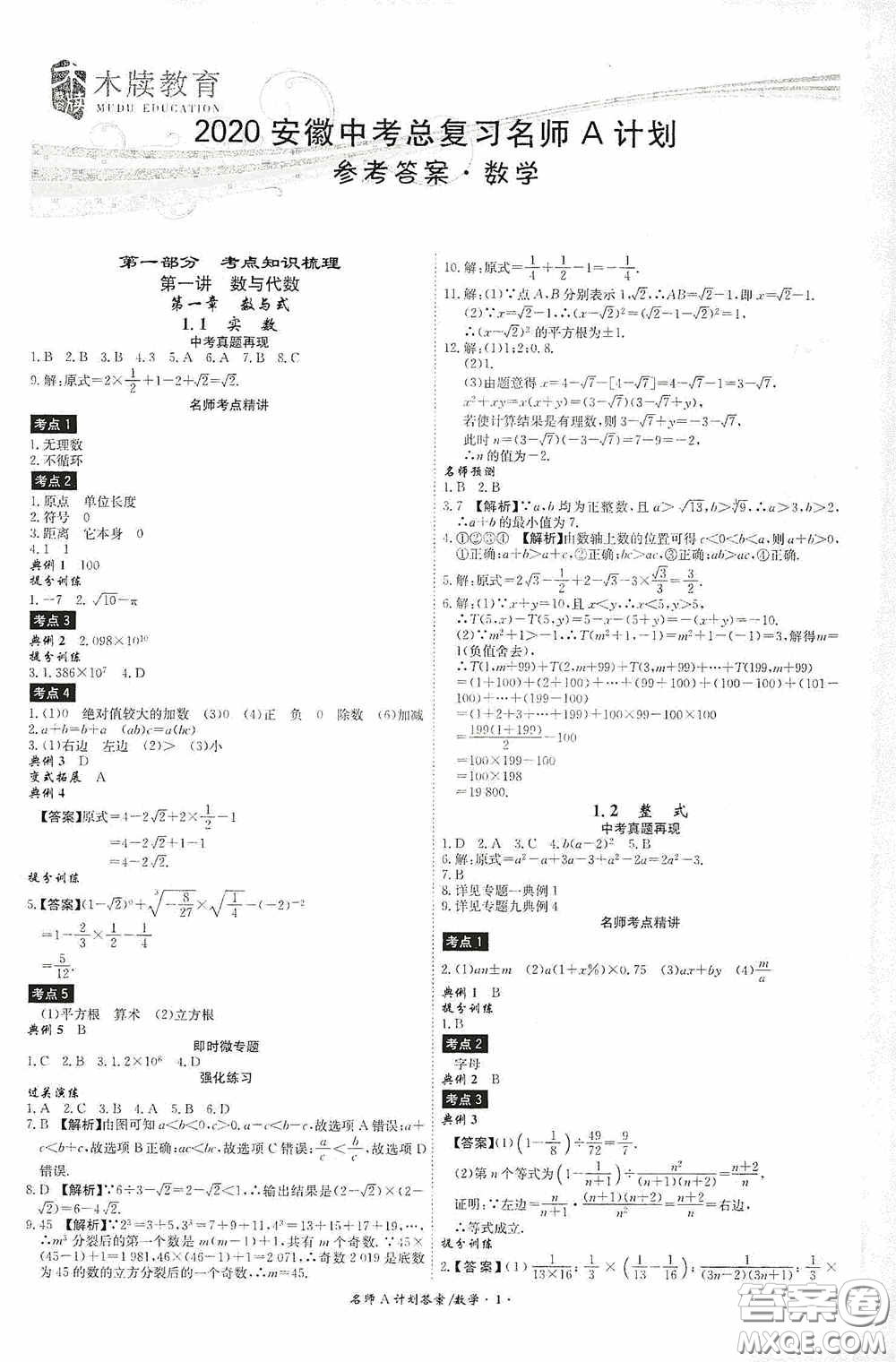 2020木牘教育安徽中考總復習名師A計劃強化練習冊數學答案