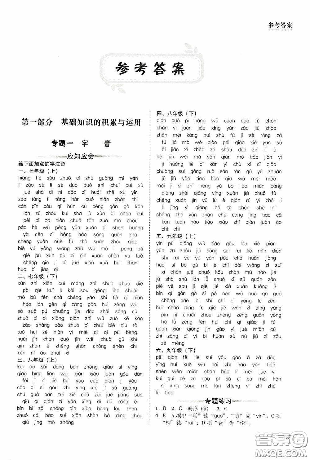 遼海出版社2020遼海備考中考總復習語文答案