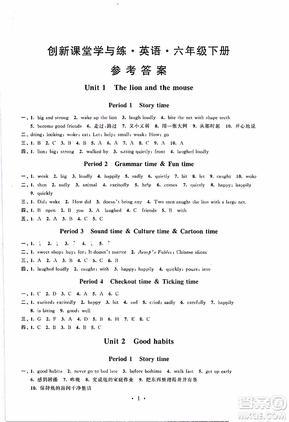 江蘇人民出版社2020年創(chuàng)新課堂學(xué)與練英語六年級(jí)下冊(cè)參考答案
