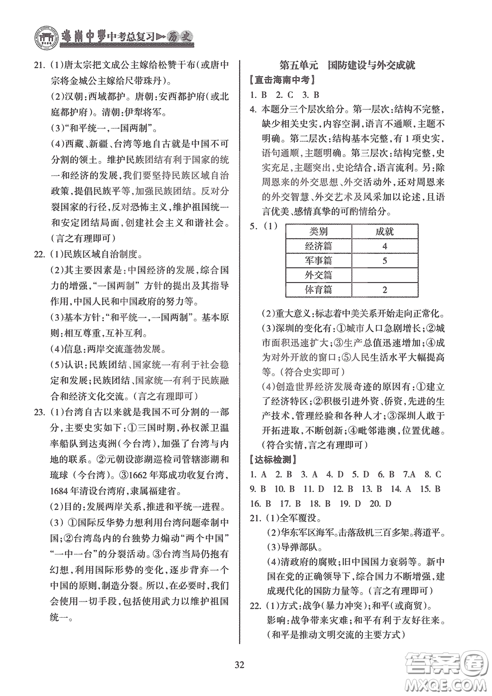 海南出版社2020海南中學中考總復習歷史答案