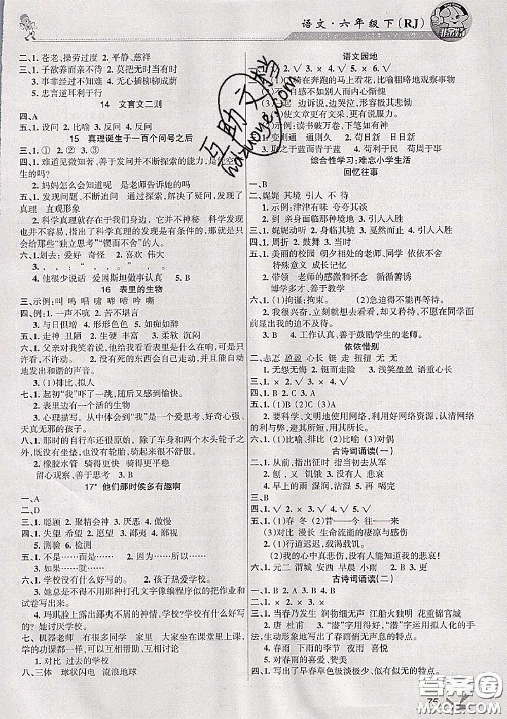 湖南教育出版社2020春綜合自測六年級語文下冊人教版答案