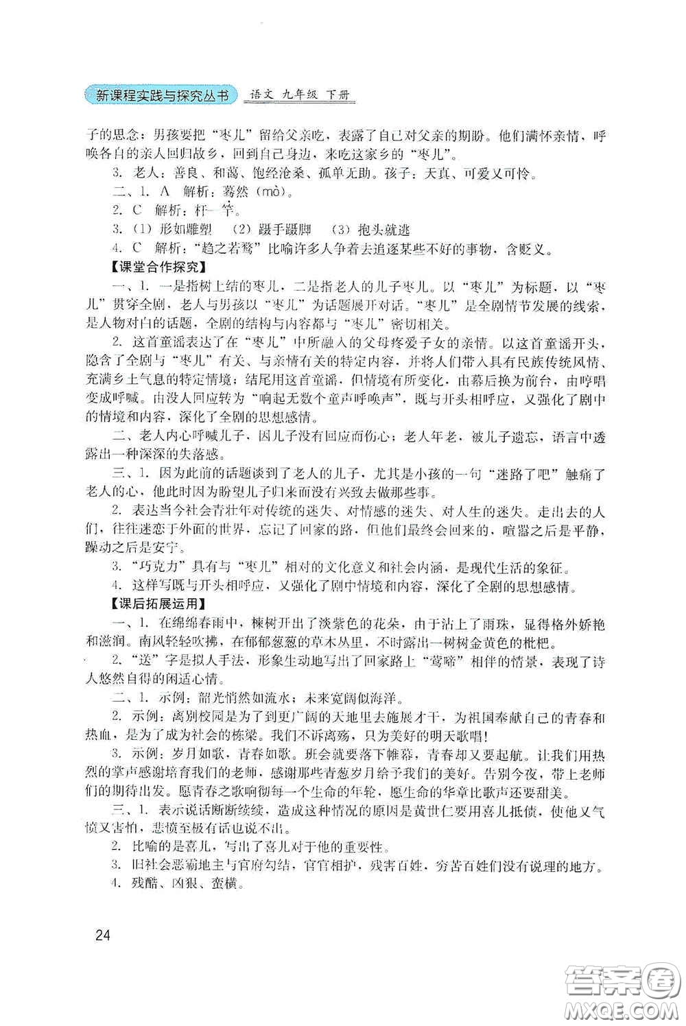 四川教育出版社2020新課程實踐與探究叢書九年級語文下冊人教版答案