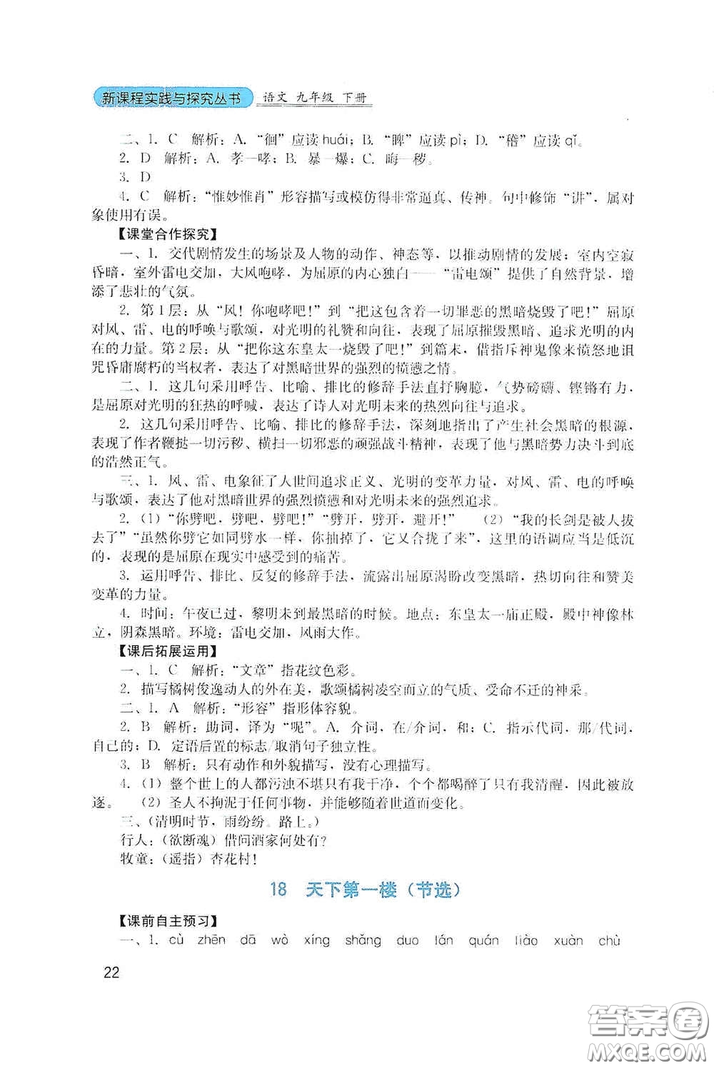 四川教育出版社2020新課程實踐與探究叢書九年級語文下冊人教版答案