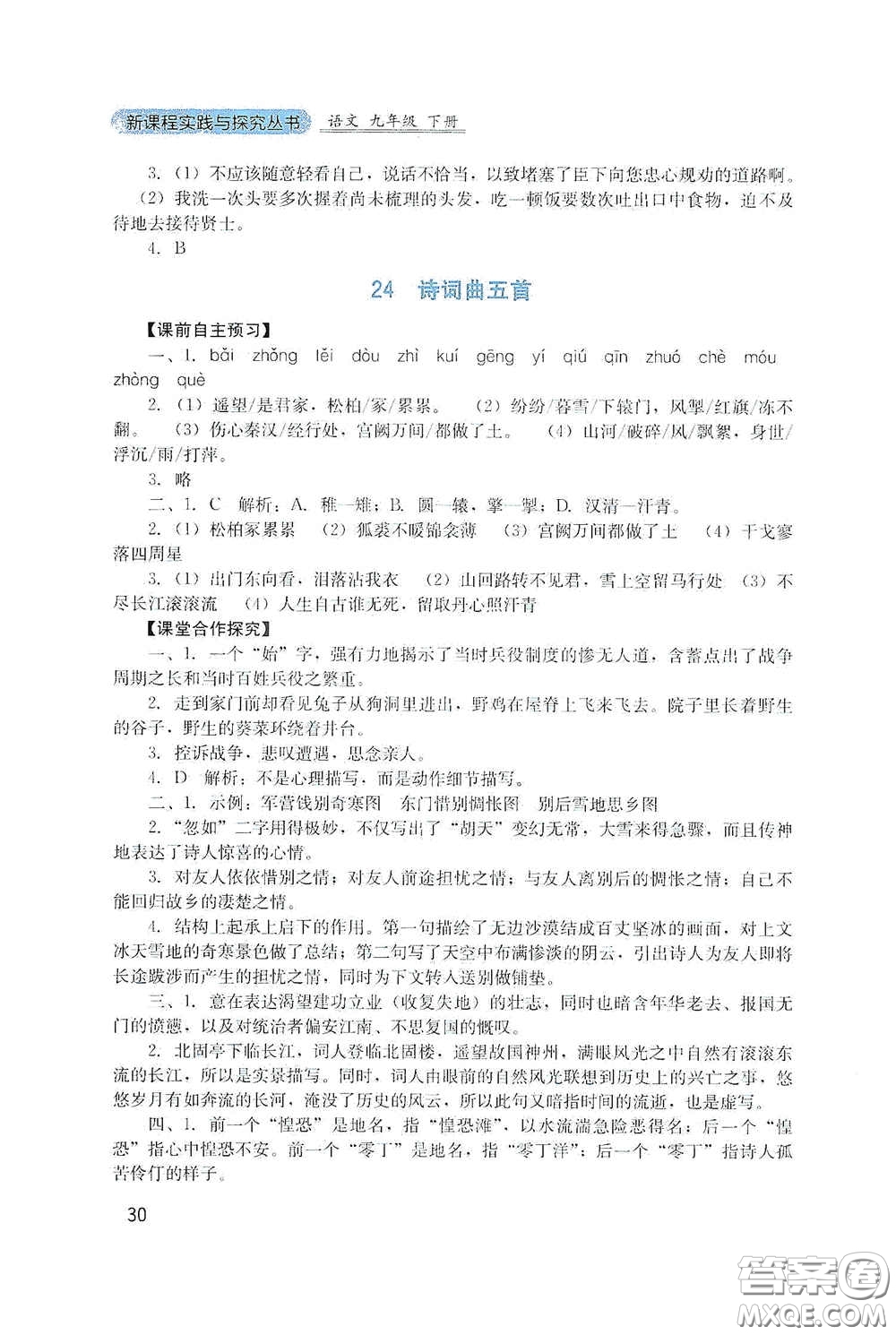 四川教育出版社2020新課程實踐與探究叢書九年級語文下冊人教版答案