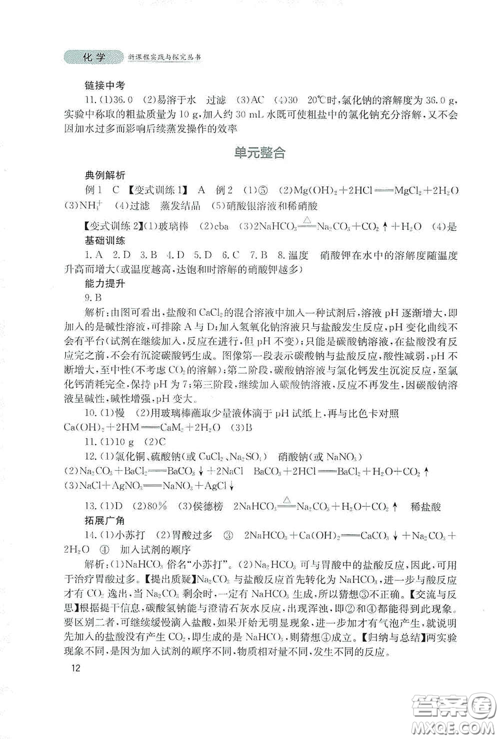 四川教育出版社2020新課程實踐與探究叢書九年級化學下冊山東教育版答案