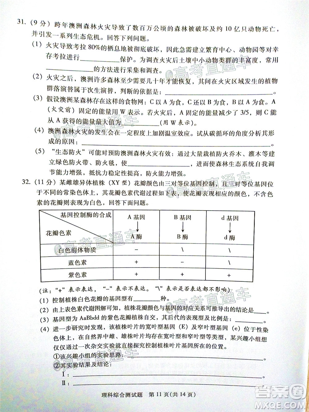 2020年韶關(guān)二模高三理科綜合試題及答案