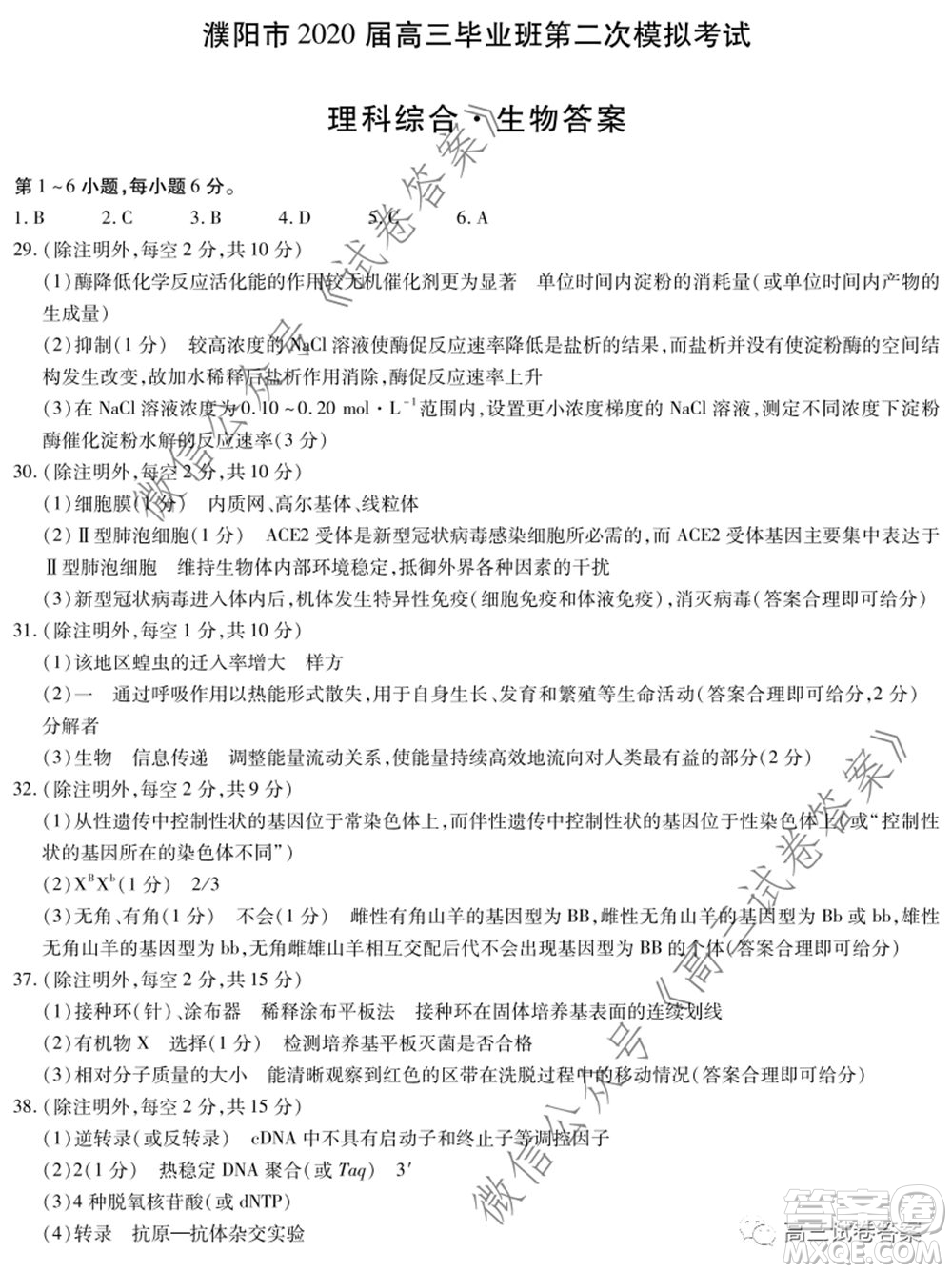天一大聯(lián)考2019-2020學(xué)年高中畢業(yè)班階段性測試六理科綜合答案