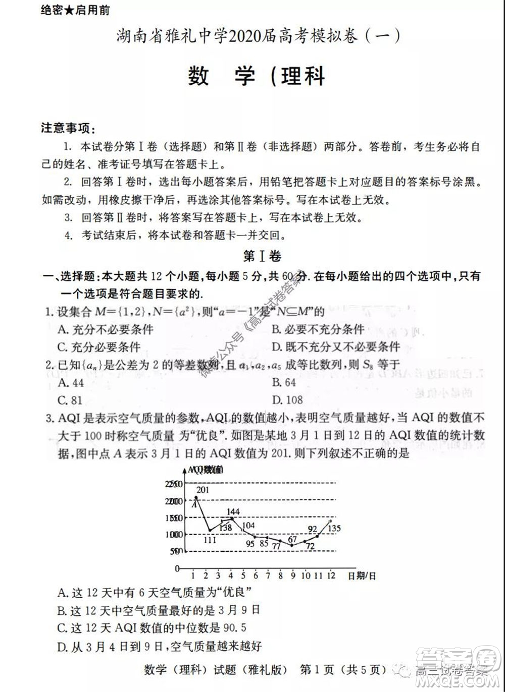 湖南省雅禮中學2020屆高考模擬卷一理科數(shù)學試題及答案