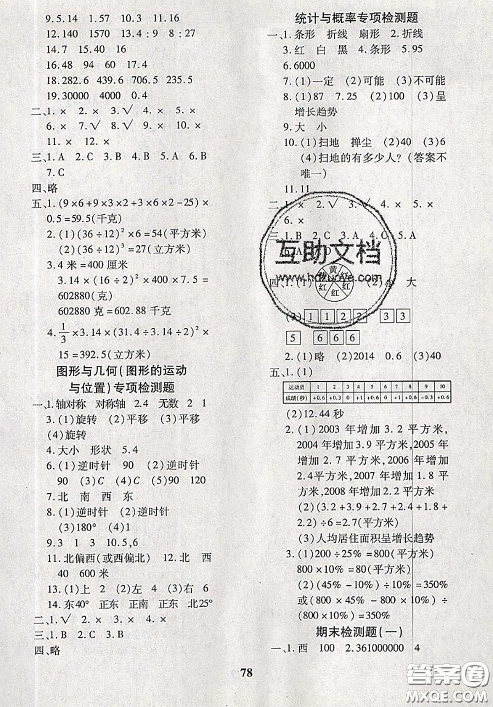 2020新版黃岡360度定制密卷六年級數(shù)學下冊冀教版答案