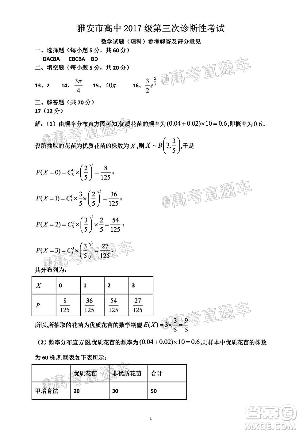 雅安市高中2017級(jí)第三次診斷性考試?yán)砜茢?shù)學(xué)試題及參考答案