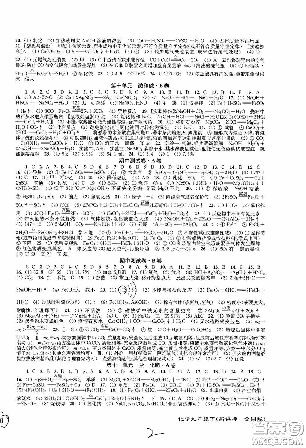 東南大學(xué)出版社2020江蘇密卷九年級(jí)化學(xué)下冊(cè)全國版答案