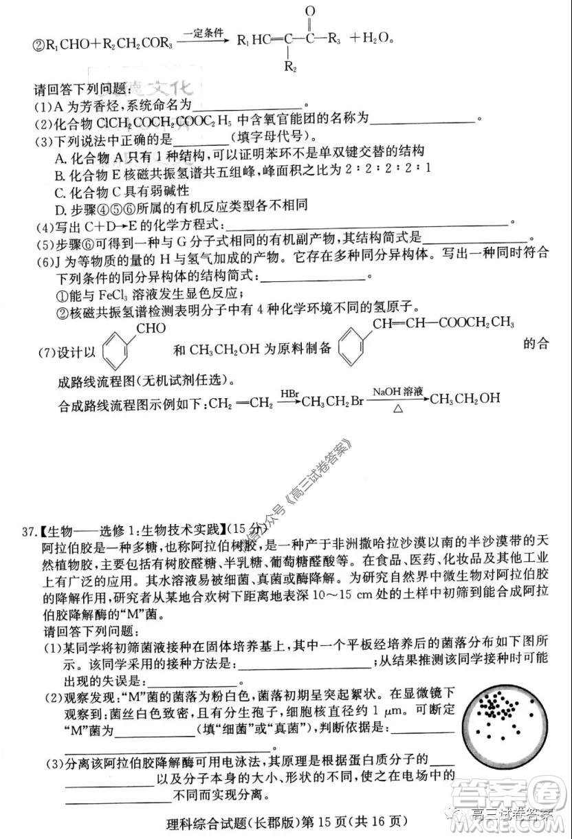 炎德英才大聯(lián)考長郡中學(xué)2020屆高考模擬卷一理科綜合試題及答案