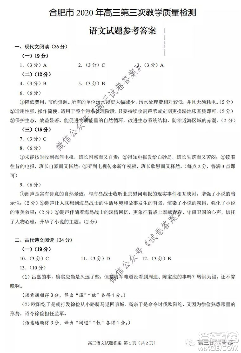 合肥市2020高三第三次教學質量檢測語文試題及答案