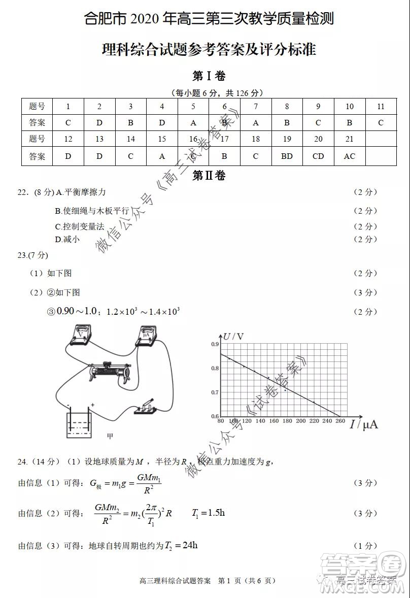 合肥市2020高三第三次教學(xué)質(zhì)量檢測理科綜合試題及答案