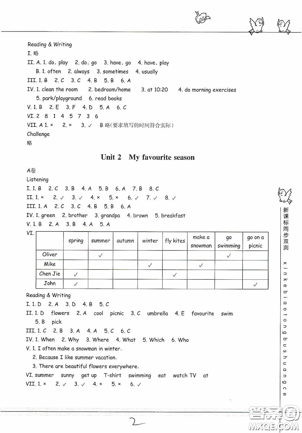 浙江教育出版社2020新課標同步雙測小學英語五年級下冊答案