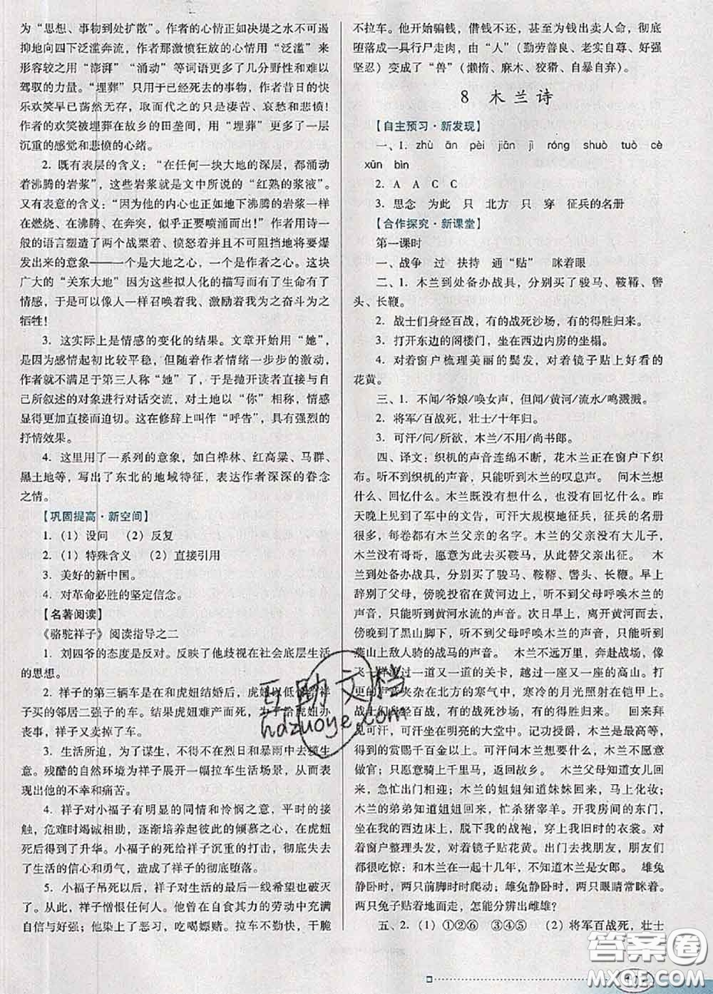 2020新版南方新課堂金牌學(xué)案七年級(jí)語(yǔ)文下冊(cè)人教版答案