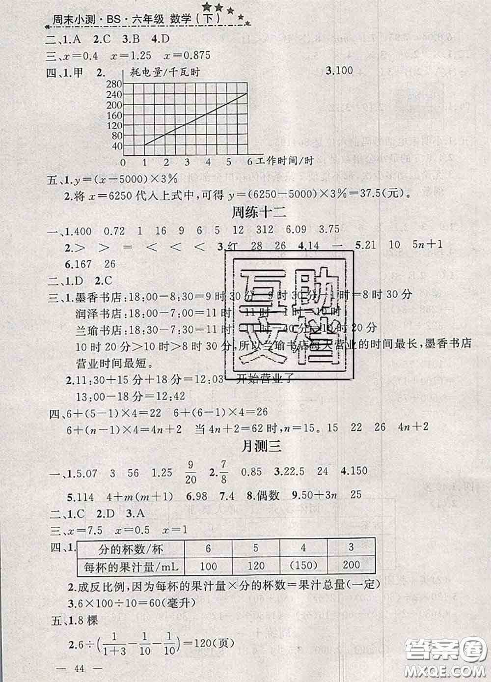 鐘書金牌2020春過關沖刺100分六年級數(shù)學下冊北師版答案