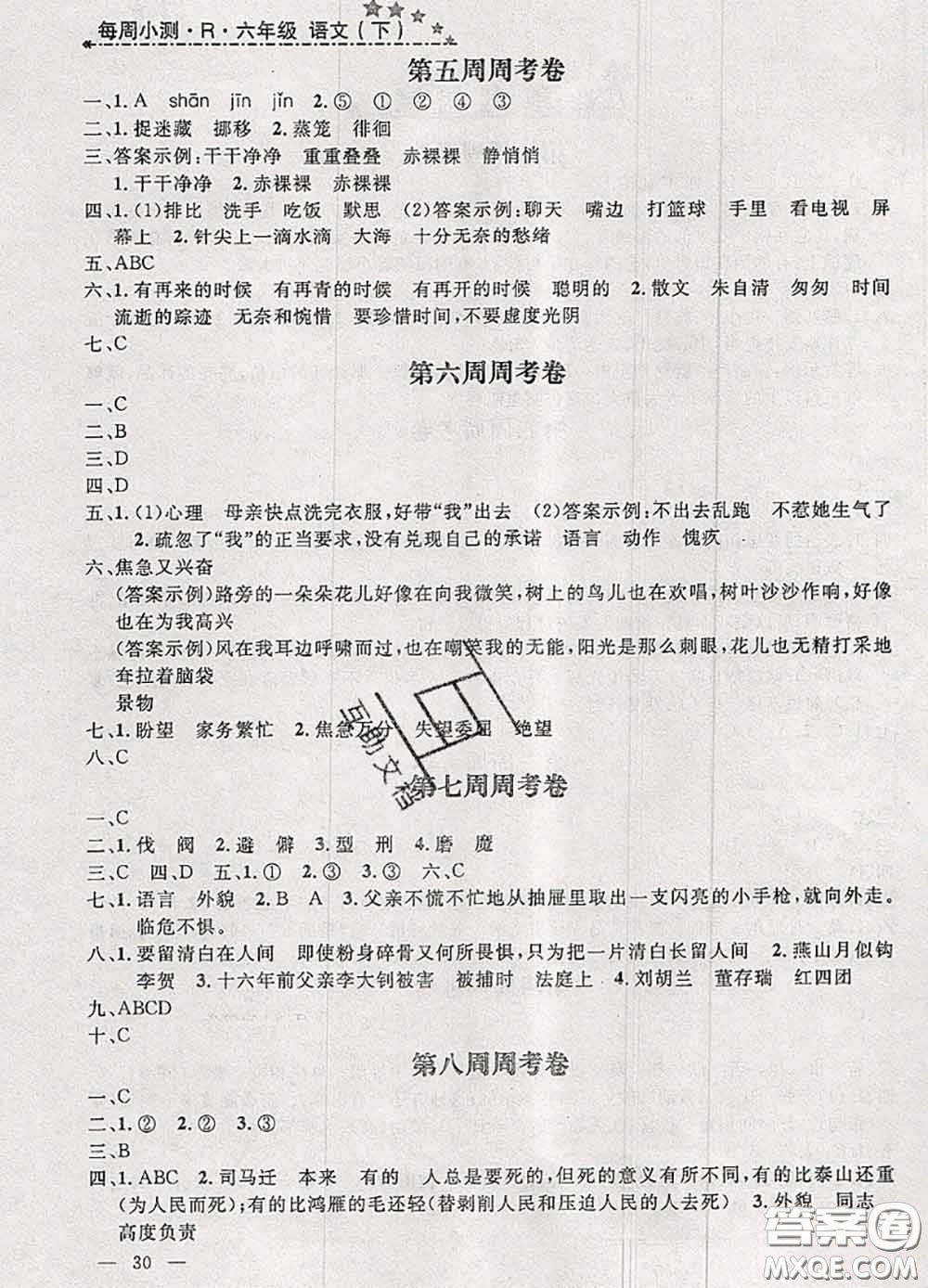鐘書金牌2020春過(guò)關(guān)沖刺100分六年級(jí)語(yǔ)文下冊(cè)人教版答案