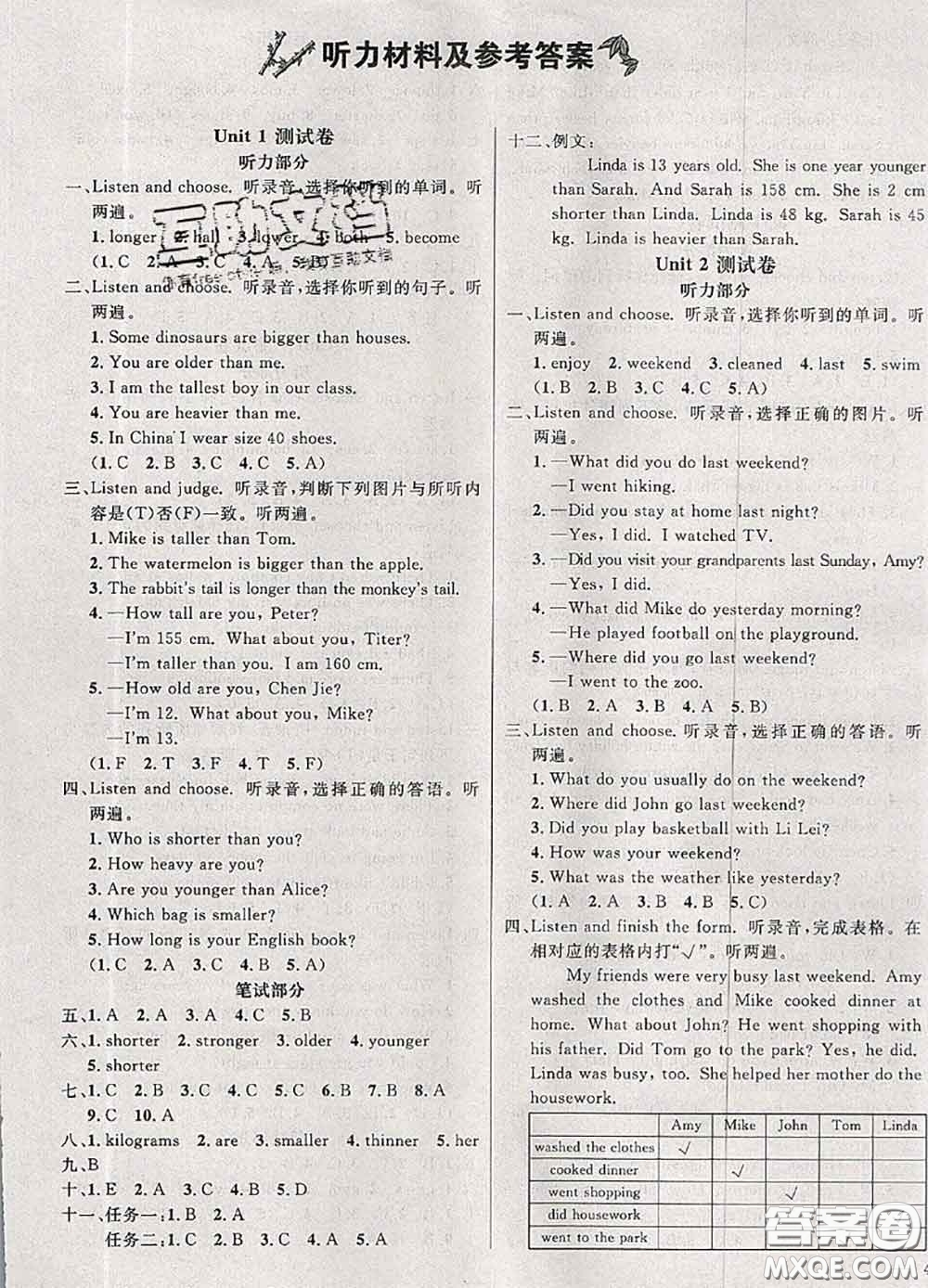 鐘書金牌2020春過關(guān)沖刺100分六年級英語下冊人教版答案