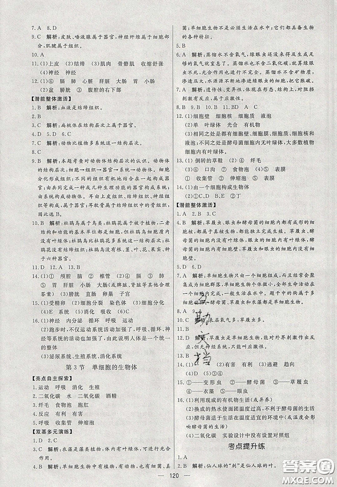 2020年亮點激活中學教材多元演練七年級生物下冊蘇科版答案