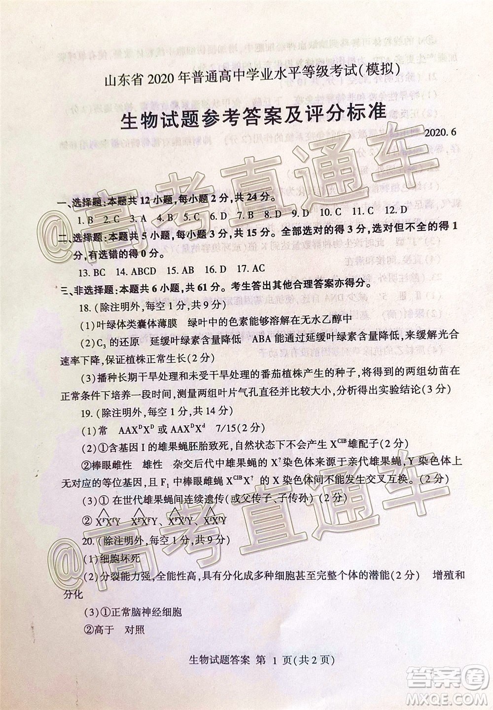 2020年臨沂棗莊6月聯(lián)考高三生物試題及答案