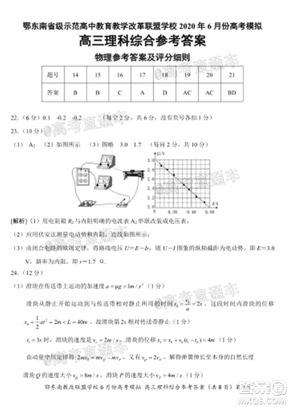 鄂東南省級(jí)示范高中教育教學(xué)改革聯(lián)盟學(xué)校2020年6月份高考模擬高三理科綜合試題及答案