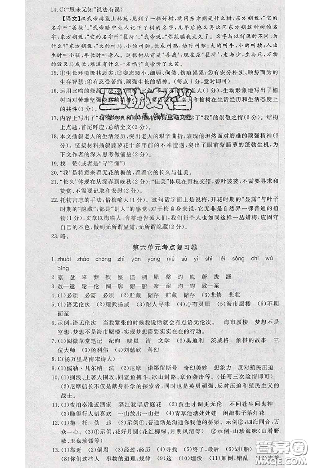 2020新版優(yōu)翼優(yōu)干線測(cè)試卷初中語(yǔ)文七年級(jí)語(yǔ)文下冊(cè)人教版答案
