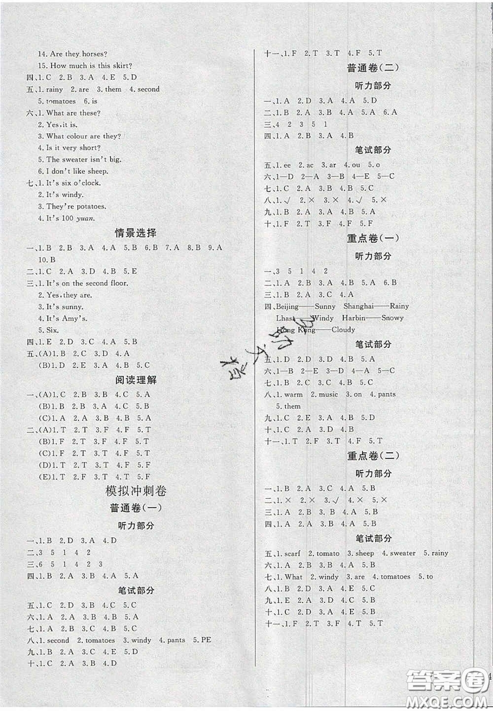 2020亮點(diǎn)激活精編提優(yōu)100分大試卷四年級(jí)英語(yǔ)下冊(cè)人教版答案