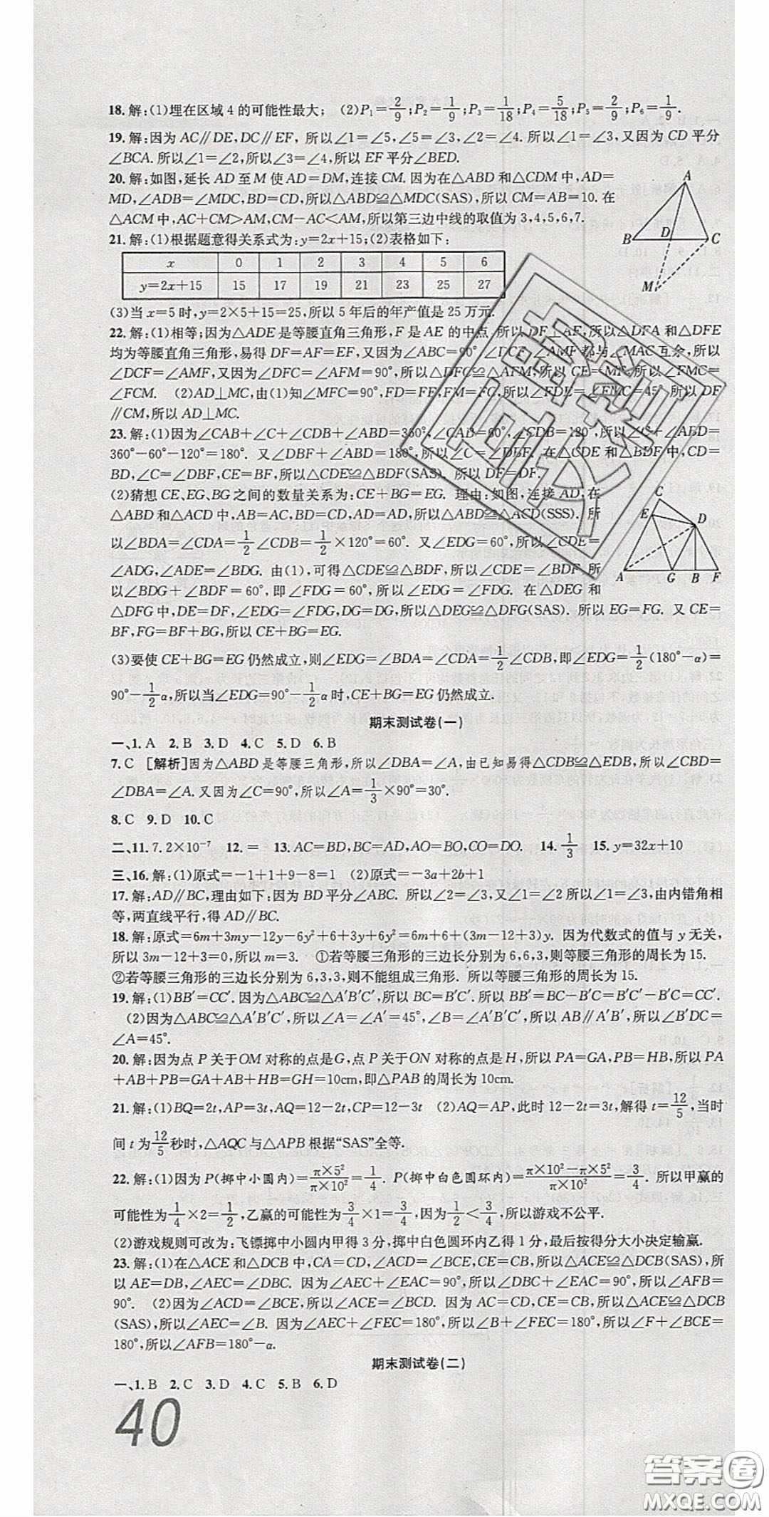 2020年高分裝備復(fù)習(xí)與測試七年級數(shù)學(xué)下冊北師大版答案