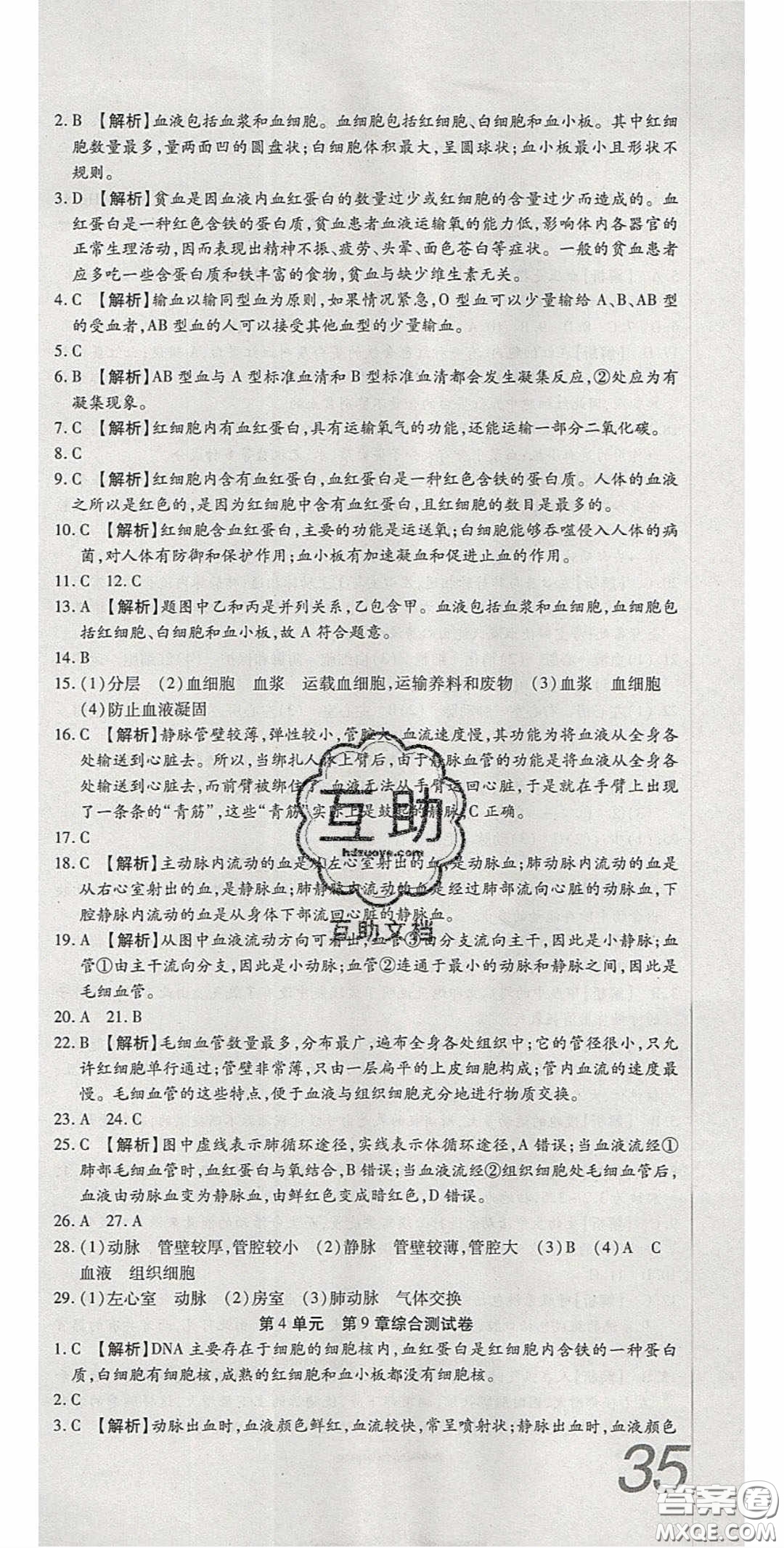2020年高分裝備復(fù)習(xí)與測試七年級生物下冊北師大版答案