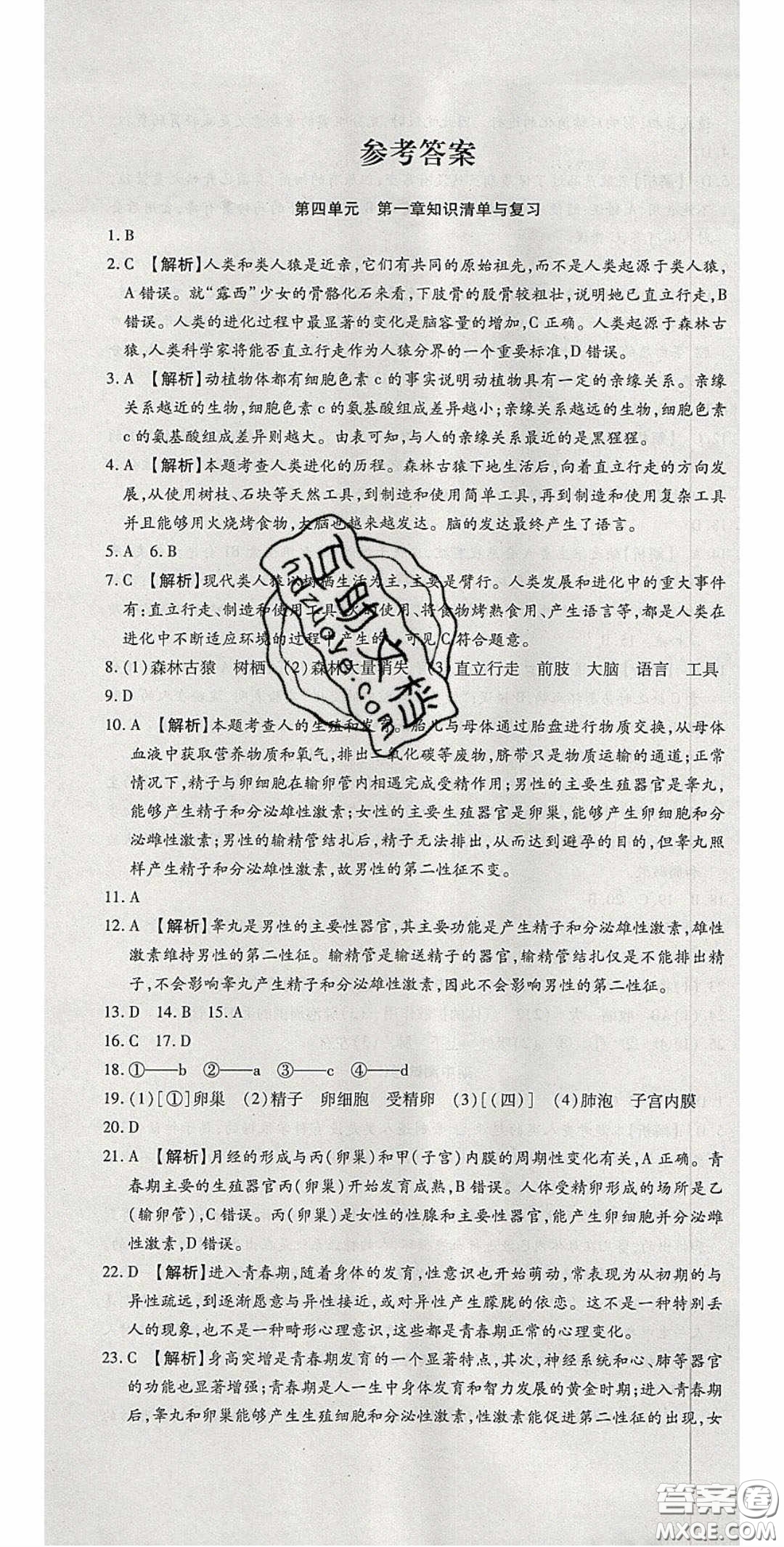 2020年高分裝備復(fù)習(xí)與測試七年級生物學(xué)下冊人教A版答案