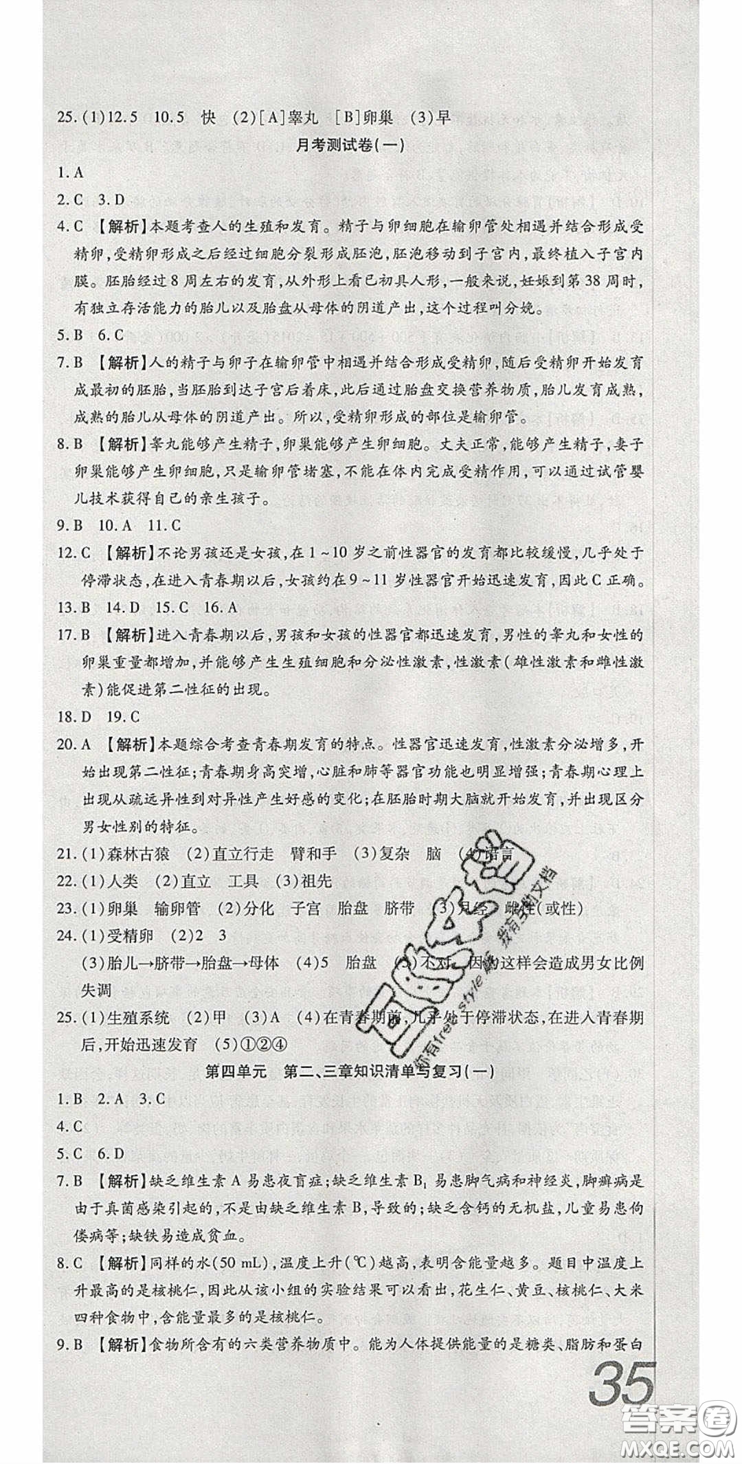 2020年高分裝備復(fù)習(xí)與測試七年級生物學(xué)下冊人教A版答案