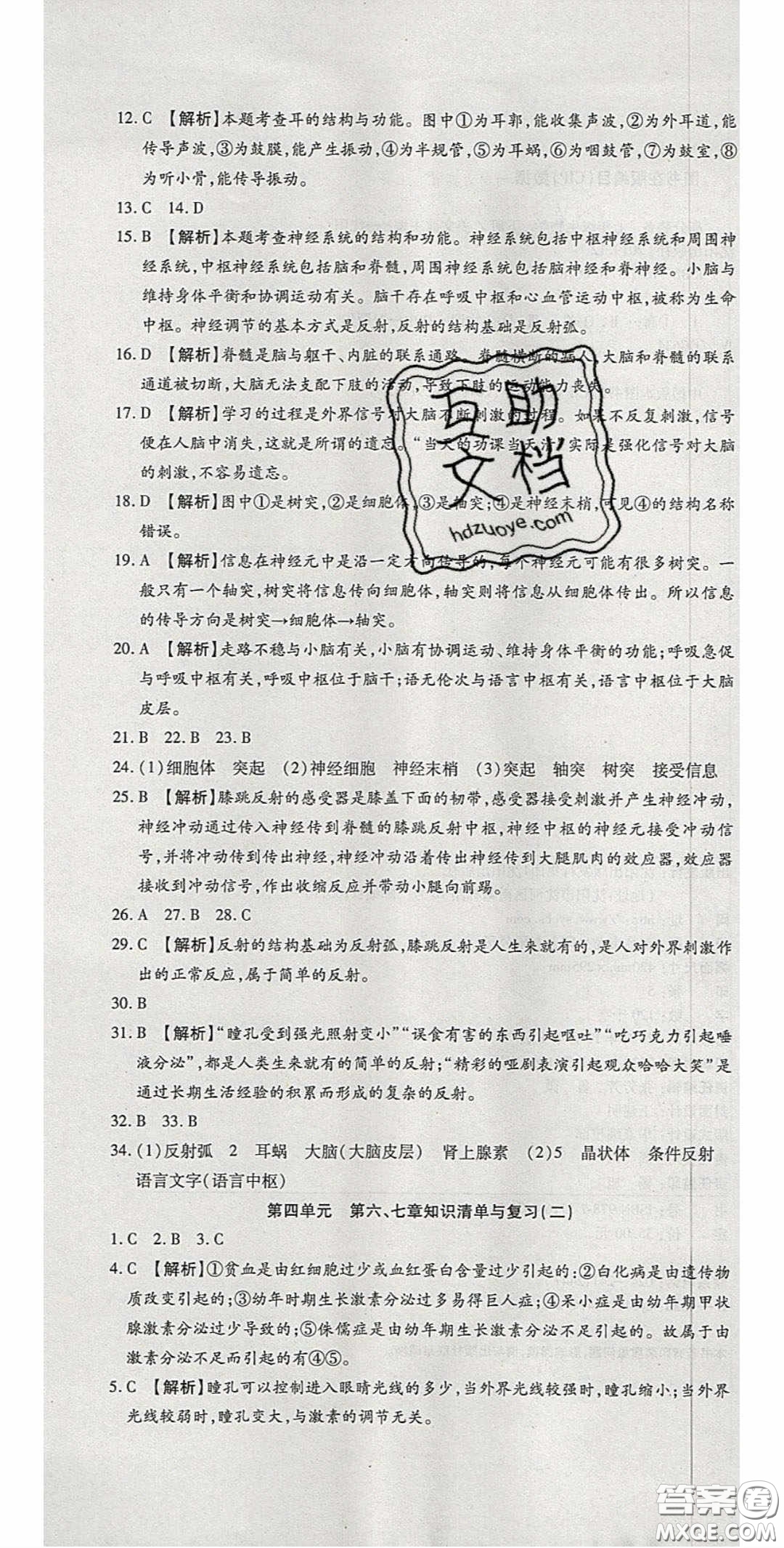 2020年高分裝備復(fù)習(xí)與測試七年級生物學(xué)下冊人教A版答案