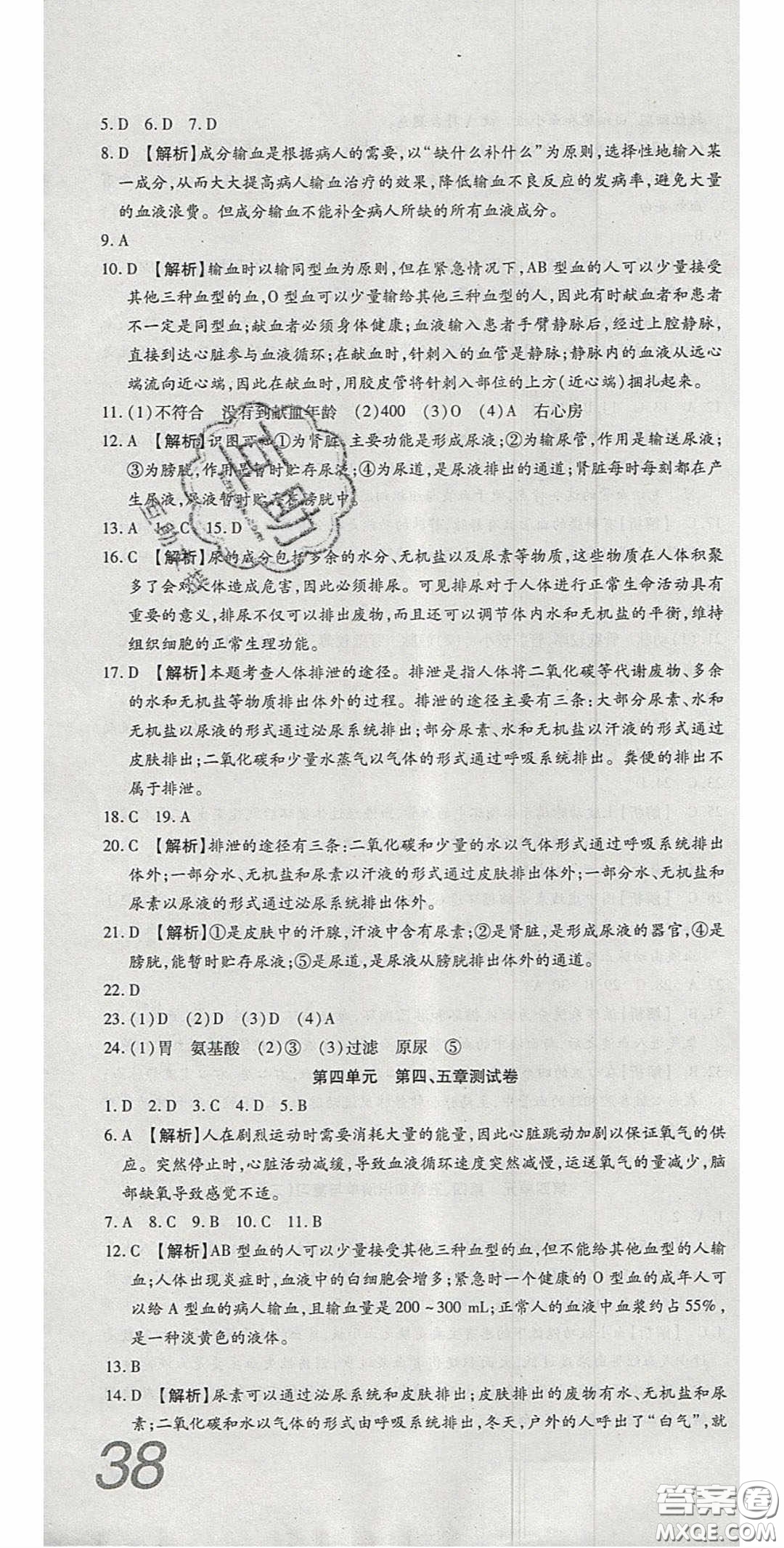 2020年高分裝備復(fù)習(xí)與測試七年級生物學(xué)下冊人教A版答案