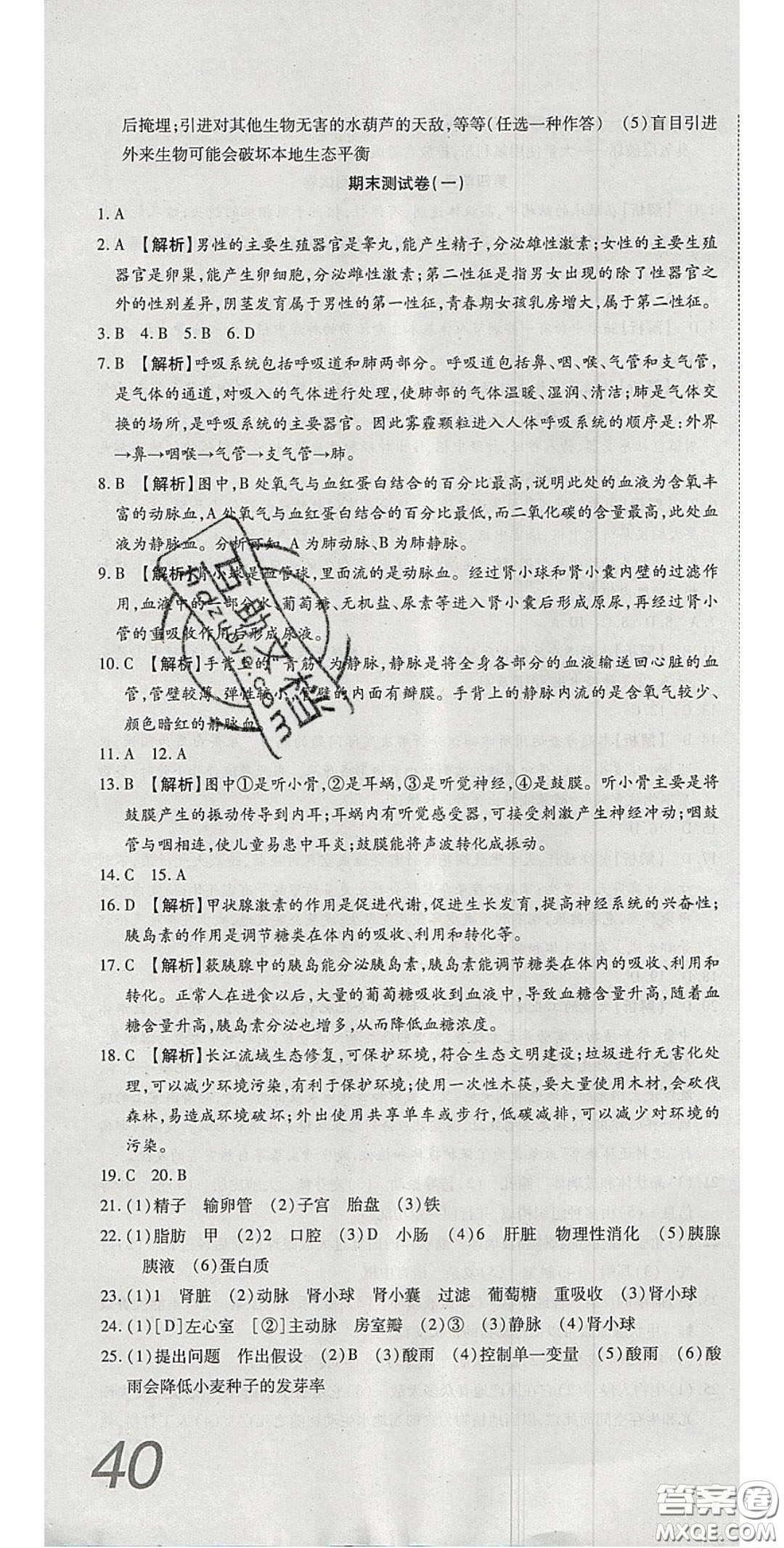 2020年高分裝備復(fù)習(xí)與測試七年級生物學(xué)下冊人教A版答案