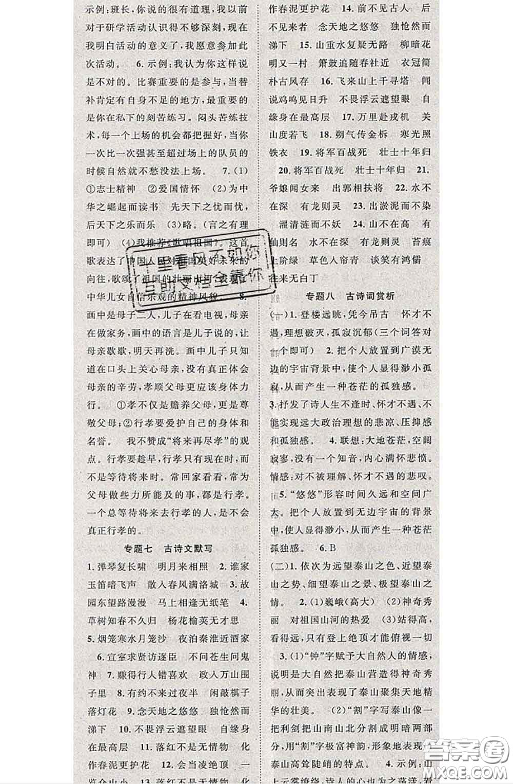 2020春優(yōu)質(zhì)課堂導(dǎo)學(xué)案七年級(jí)語(yǔ)文下冊(cè)人教版答案