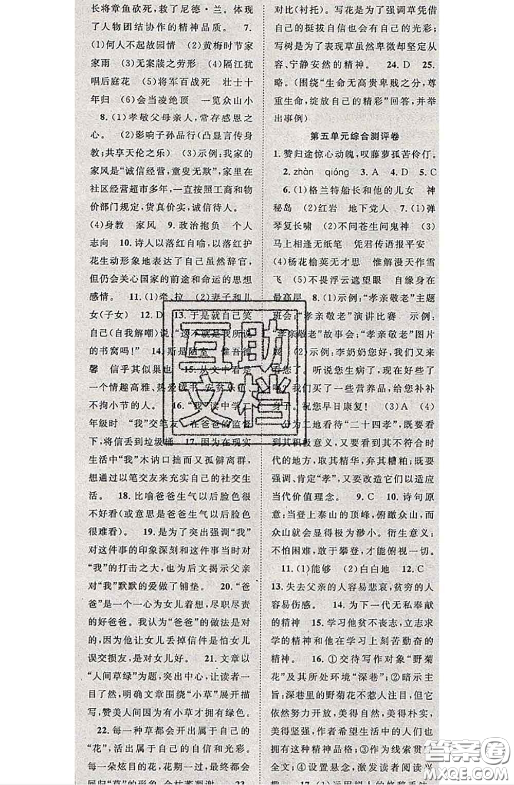 2020春優(yōu)質(zhì)課堂導(dǎo)學(xué)案七年級(jí)語(yǔ)文下冊(cè)人教版答案